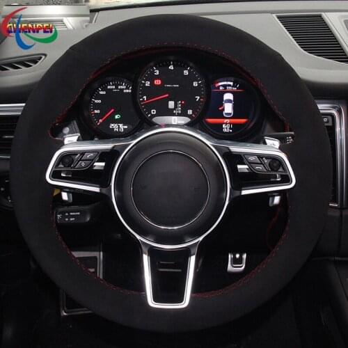 DIY Hand-stitched Anti-Slip Black Suede Car Steering Wheel Cover For Porsche Macan Cayenne 2015-2016 Car Interior Decoration