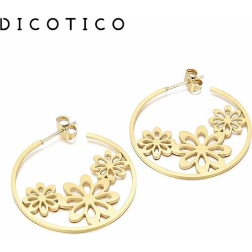 DICOTICO Women Big Round Hoop Earrings Stainless Steel Flower Earrings For Women Jewelry Mujer Fashion Wedding Accessory 2021