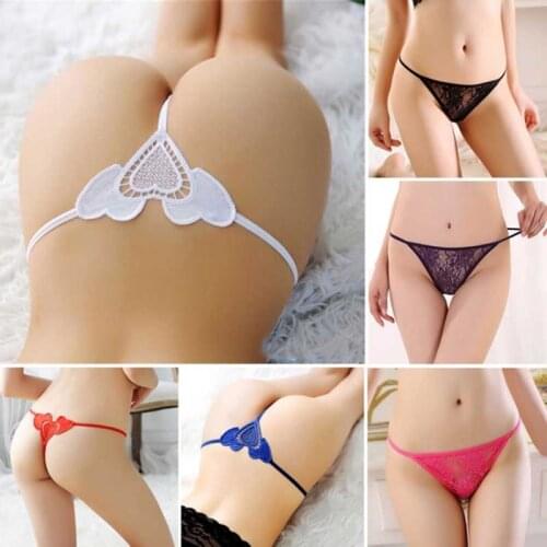 2021 Sexy Womens Underwear Lace Heart Thongs Low-Waist Hollow G-String Mesh Yarn Perspective V-String Panties Knickers T-back