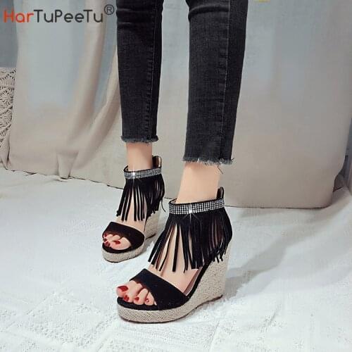 Size 34~46 Women Wedge Sandal Summer 2021 Flock Platform Shoes Bohemia Men Tassel Bling Crystal Decorate Dress Casual Footwear