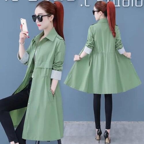 Windbreaker Jacket Womens Mid-length 2021 Spring Autumn New Korean Style Waist Thin Section Outerwear Female Plus Size Tops