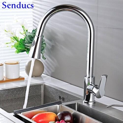 Chrome Kitchen Faucet Senducs SUS304 Pull Down Kitchen Mixer Faucet Quality Brass Pull Out Kitchen Tap Hot Cold Water Faucets