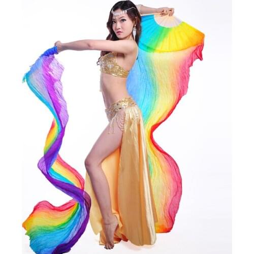 Women 1 Pair 100% Silk Veil Belly Dance 200cm Long Silk Veils Fan Belly Dance Rainbow Stage Performance Props