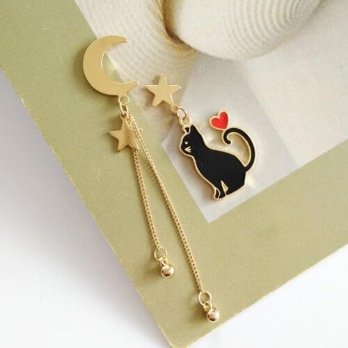 Funny Black Flower Cat Gold Color Star Moon Asymmetric Drop Earrings For Women Red Tassel Accessories Ladies Temperament Jewelry