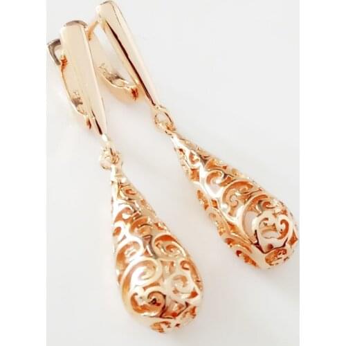Women Engraved Flower Long Earring Trendy Rose Gold Jewelry Fashion Earring Wholesale Jewelry