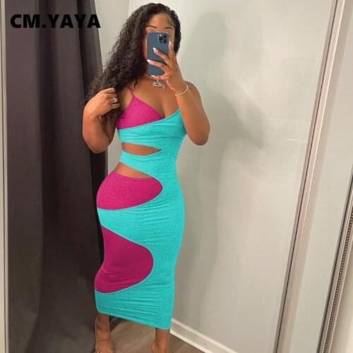 CM.YAYA Women Long Dress Patchwork Cut Out Sleeveless Strap V-neck Strechy Bodycon Dresses Sexy Fashion Streetwear Summer Outfit