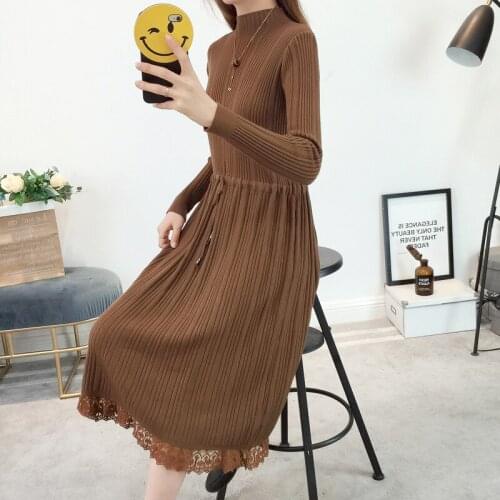 Autumn Winter Women Lace Knitted Dress Turtleneck Long Sleeve Sweater Dresses Lady Elegant Slim Long Lace Up Dress Vestidos 1476