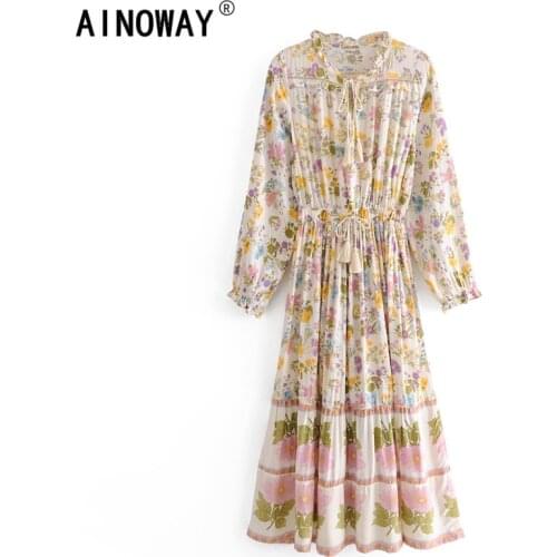 Vintage chic women Floral print beach Bohemian Maxi dress Ladies tie neck rayon cotton Summer Boho sundress vestidos