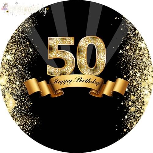 Gold and Black 50th Birthday Round Backdrop Adult Golden Glitter Diamond Fifty Background Party Decoration Banner Circle