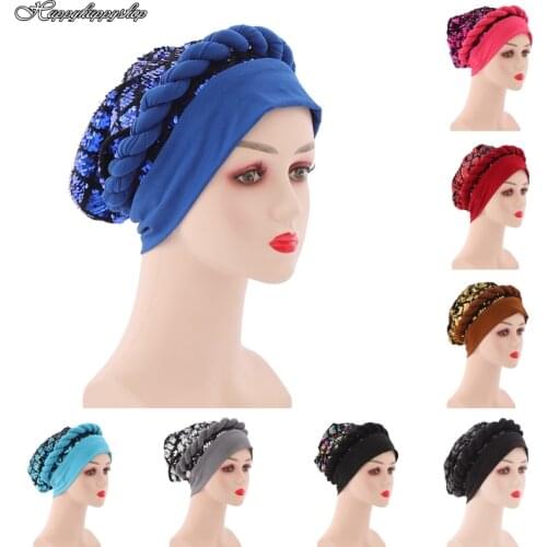 African Headwear Women Sequins Turban Cap Ready Braid Bonnet Hat Headties Ladies Hair Loss Chemo Cap Muslim Headwrap Hijabs