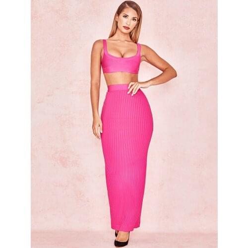 BEAUKEY Women Fashion Long Striped Ankle Length Women Sexy Bandage Two Piece Orange Pink Plus Size Bandage Top & Skirt Bandage