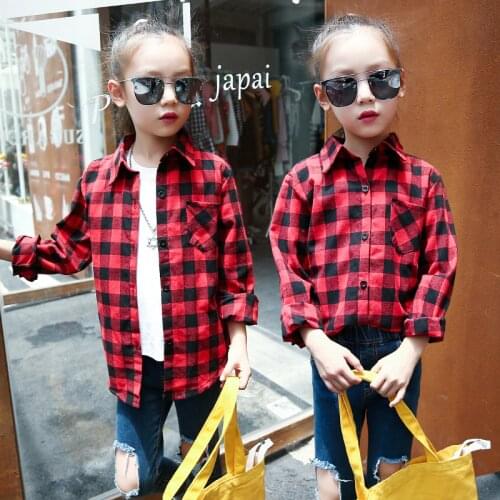 School Girl Blouse Little Big Girls Shirts 2018 Fall Cotton Kids Girls Shirts Top Child Long Sleeve Shirt Red Black Grid Blouses