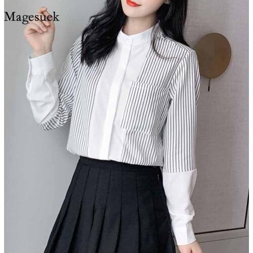 Autumn Splicing Fashion Women Blouses Long Sleeve Chiffon Blouse Vintage Striped White Womans Shirts Female Ropa De Mujer 10902