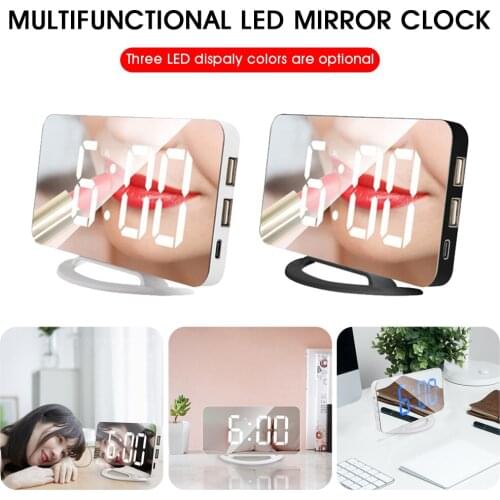 Digital Clock LED Electric Alarm Clock Mirror Surface with 2.1A Dual USB Snooze Auto Dimming Backup Battery Desktop Mirror Clock