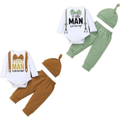 0-12M Newborn Baby Boys Clothes Sets Letter Printed Bow Long Sleeve Romper Pants Hat Gentleman Outfits