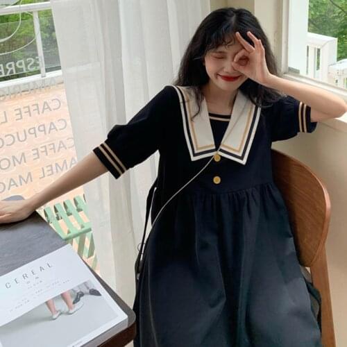 2020 New Style Loose Summer Sailor Collar Fairy Tale Style Korean Style Mid-Length Platycodon Grandiflorum Dress school uniform