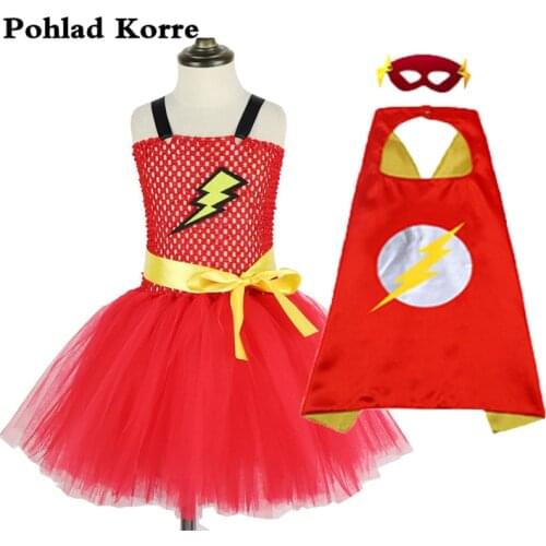 Girls Lightning Super Hero Tutu Dress Cloak Mask Girls Kids Clothes Set Halloween Costume Hero Party Dresses Vestidos XX078