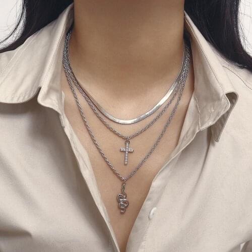 Retro personality curved snake necklace clavicle chain multi-layer imitation pearl micro-inlaid cross necklace womens jewelry