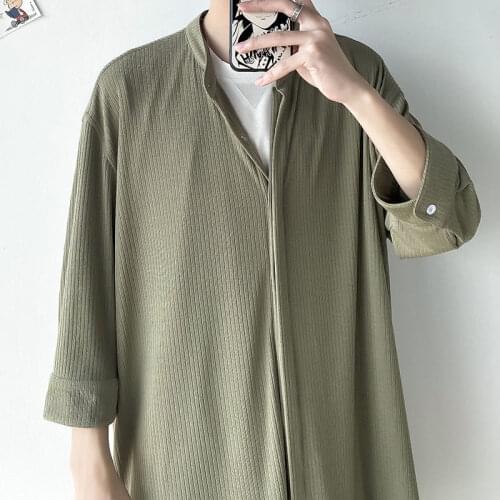 Thin Solid Color Knitted Shirt Men Korean Fashion Loose Business Casual Shirt Men Harajuku Social Society Long-sleeved Shirt Men