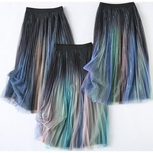 Women fashion mid length skirt thin tulle skirt Gradient star sky skirt