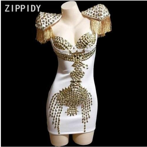 Birthday Celebrate Dress Nightclub Prom Party Women Singer DJ Dress Bright Gold Rhinestones Tassel Stretch White Dress Womens