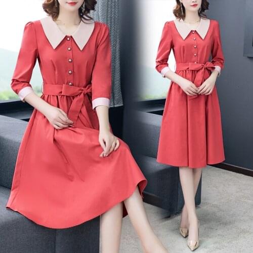 Spring Women Red Casual Shirt Dress Autumn Vintage Korean Office Lady Midi Dress 2021 New Elegant Bodycon Party Runway Vestidos