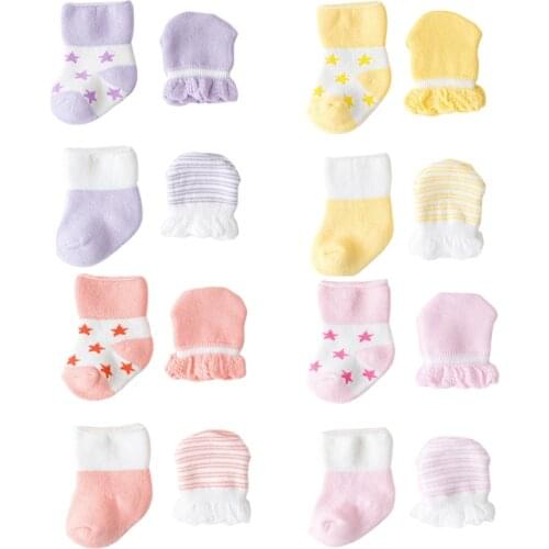 4 Pairs/Set Baby Newborn Socks Gloves Anti-scratch Breathable Mittens Stocking Kit for 0-6 Months Infants Toddler