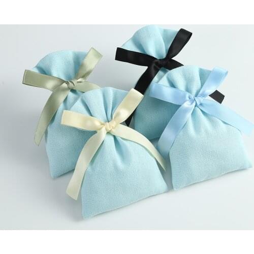 50pcs Light Blue Cotton Burlap Bucket Jewelry Bag with Ribbon Small Pouches for Wedding Party Candy Bag Organizer Custom Logo