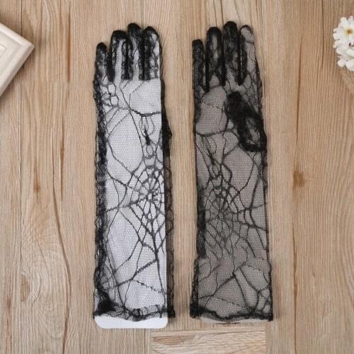 Halloween Cosplay Costume Accessories Sexy Women Lace Gloves Black Transparent Masquerade Performance Props Spider Web Gloves