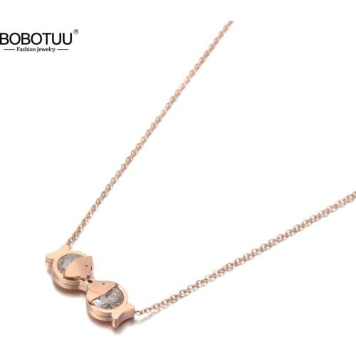 BOBOTUU Fashion Stainless Steel CZ Crystal Double Fish Charm Necklace Jewelry Lovely Pendant Chain Necklace For Women BN19114