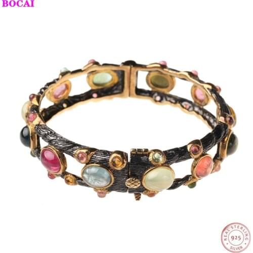 BOCAI S925 Sterling Silver Womens Bracelet Fashion Thai Silver Color Gems Robellite Topaz Popular Bangle For Beautful Women