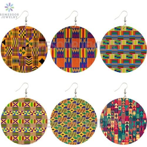 SOMESOOR African Bohemian Wooden Drop Earrings Printed Vintage Afro Ethnic Headwrap Pattern Woman Loops Jewelry For Christmas