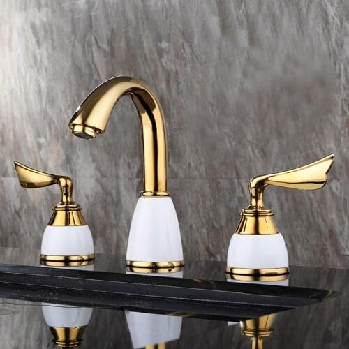 European classical three-hole antique golden faucet basin hot and cold all copper washbasin under counter basin faucet
