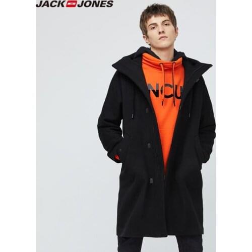 JackJones Mens Overcoat Male Cotton Mid-length Hooded Casual Woolen Overcoat|220127507