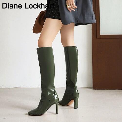 Kendall style Women motorcyle boots Fashion Square toe Knee high boots Autumn Winter Warm patent leather High heels boots shoes