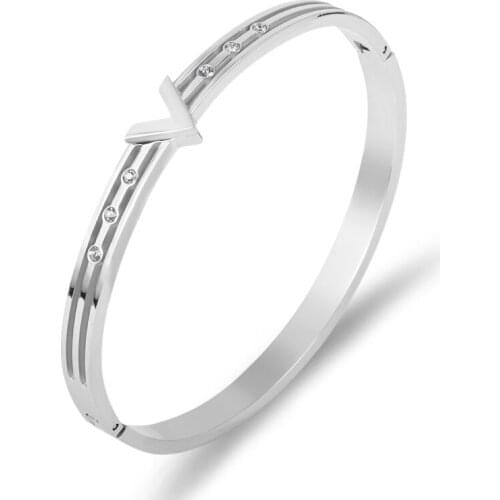 Classic Brand CZ Crystals With Letter V Bangles For Women Stainless Steel Lover Bangles Charm Bijou Wedding Jewelry Accessory