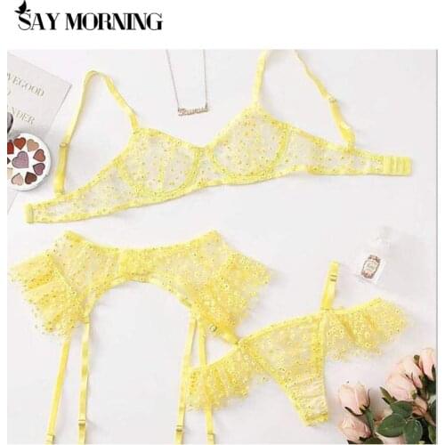 SAY MORNING new womens thin section mesh embroidered sexy underwear underwire gather bra panty set thong sexy lingerie set