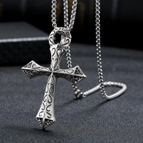 HNSP Vintage Big Cross Necklace Pendant For Men Women Punk Jewelry 50cm stainless steel chain