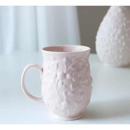Matte Pink Relief Small Rose Vintage Mug/Girl Water Cup