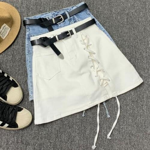 Fashion side lace up summer high waist denim skirt women split package hip A-linemini skirt