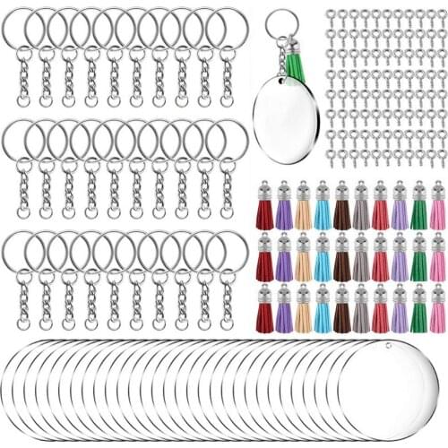 200pcs Acrylic Keychain Blanks Kit Including 30pcs Key Ring Chain 30pcs Color Tassel 30pcs Round Acrylic 110pcs Goat Eye Studs