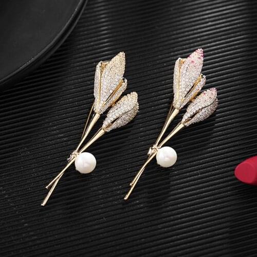OKILY 2021 New Red Yellow Zircons Pearl Pins and Brooch Elegant Tulip Brooches for Women Coat Accessories Flower Broch Pin