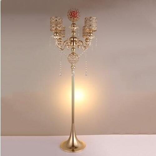 130 cm Tall 5 arms Metal Gold Candelabras With Pendants Romantic Wedding Road lead Candle Holder Home Decoration 5 Pcs / Lot