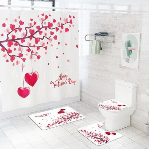 Bathroom Carpet Bathroom Shower Curtain Set 4pcs Heart Printed Non Slip Bath Mat Toilet Rugs Bathroom Decoration Washroom Mats