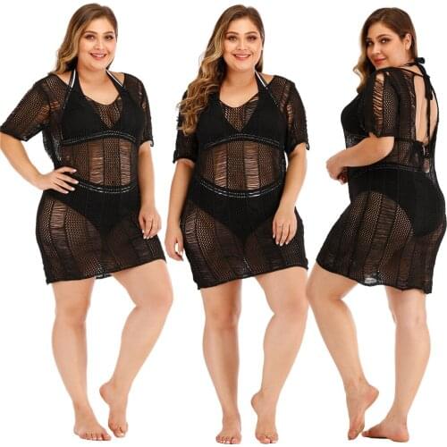 2021 Swimsuit Crochet Beach Dress Plus Size Women Swimwear Bikini Cover Ups Loose Knitted Tunics Sarong Beachwear See Through
