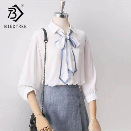 Summer Women Vintage Short Lantern Sleeve White Chiffon Blouse With Ribbon Turn-Down Collar Button Up Elegant Shirts Autumn Tops