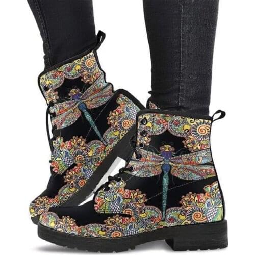 Women‘s Shoes Handmade Art 3D Printing Colorful Dragonfly Round Head Comfortable Lace-up Leather Boots