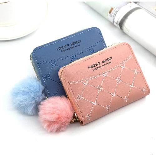Womens Small Coin Wallet Embroidered Cute Hairball Tassel Purses Ladies Pu Leather Zipper Card Holder Fashion Clutch Money Bag