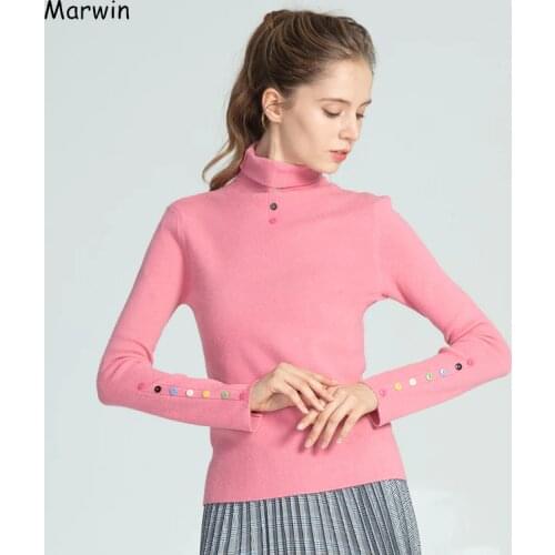 Marwin New-Coming Winter Solid Rainbow Button High Street Style Turtleneck Women Sweaters Soft Warm Female Knitted Pullovers