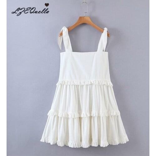 LZEQuella Women Strap Washed Cotton Linen Mini White Dress Summer Pleated Solid Backless Sleeveless Dresses Vestidos NZ3811
